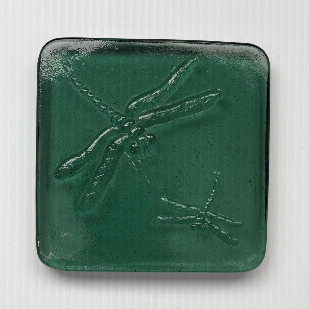 Dragonfly Glass Block Paperweight Tile 5.5" Square .75" Thick Aqua Green